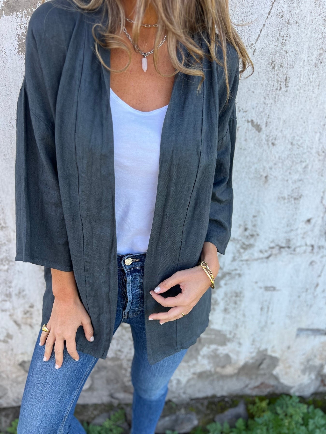 Leinen-Cardigan mit Rüschen