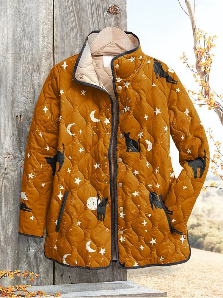 Lässige Steppjacke mit Halloween-Druck eines schwarzen Katers
