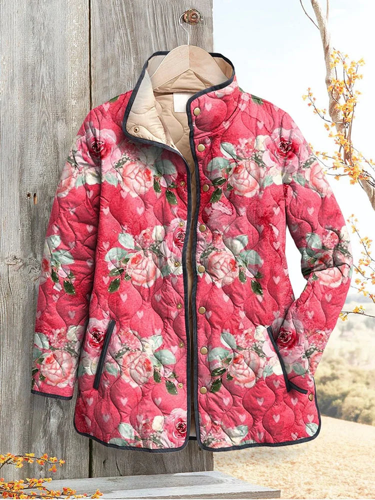 Charmante pinke Blumenmuster gesteppte Jacke für Frauen