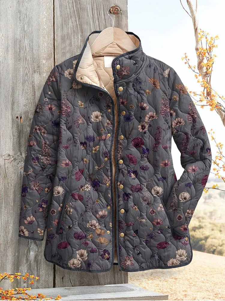 Damen Vintage Blumenmuster Casual Steppjacke