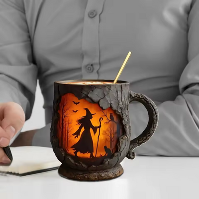 Handgefertigte 3D Halloween Spaß Tasse – Hexe & Katze Design