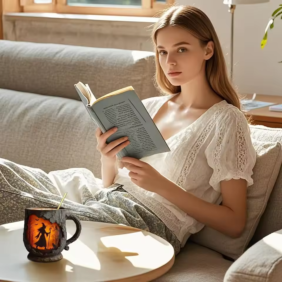 Handgefertigte 3D Halloween Spaß Tasse – Hexe & Katze Design